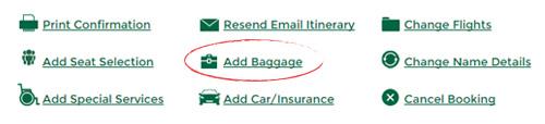 booking confirmation screenshot of add baggage link